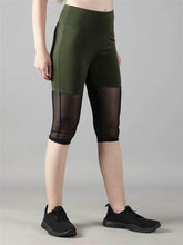 Waylene Women's Olive Green High-Waisted Capri Leggings with Rounded Mesh Front Side View